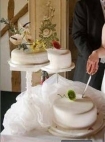 A picture of a wedding cake just about to be cut at the reception.